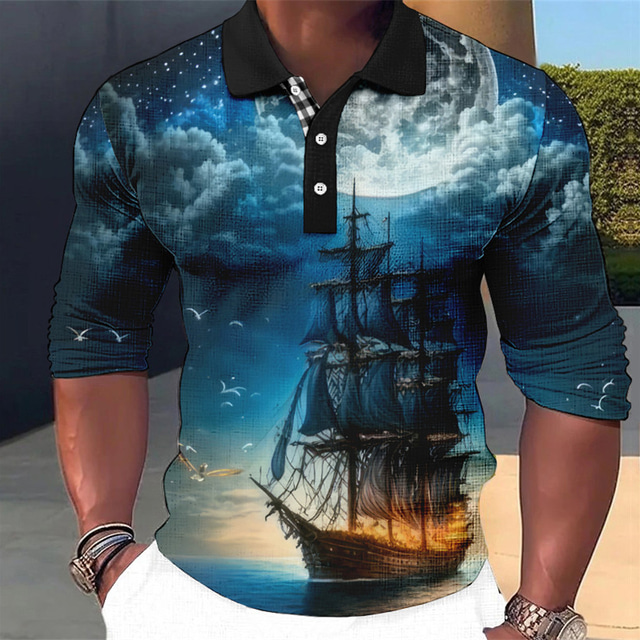  Voor heren POLO Shirt Golfshirt Bliksem Grafische prints Wijnoogst Piraat Zeilboot Strijkijzer Blauw-Groen Rood blauw Paars Groen Buiten Straat Lange mouw Afdrukken Kleding Modieus Streetwear
