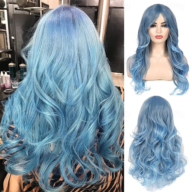  perucă albastră pentru femei lung ondulat ondulat albastru pastel perucă parte laterală perucă sintetică cosplay de Halloween cu capac de perucă