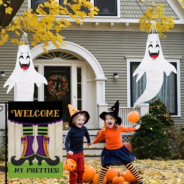Bandiera da Giardino per Halloween, Motivo Zucca Spaventoso, Stampa Digitale da Giardino, Stampa bifacciale Elastica