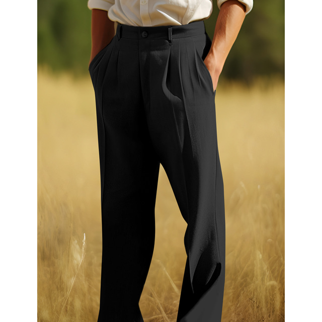  Men's Linen Pants Trousers Summer Pants Beach Pants Front Pocket Pleats Straight Leg Plain Comfort Breathable Casual Daily Holiday Fashion Basic Black Beige