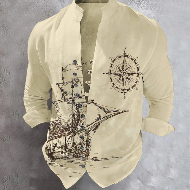  Men's Shirt Graphic Prints Anchor Sailboat Stand Collar White Khaki Outdoor Street Long Sleeve Print Clothing Apparel Fashion Streetwear Designer Casual