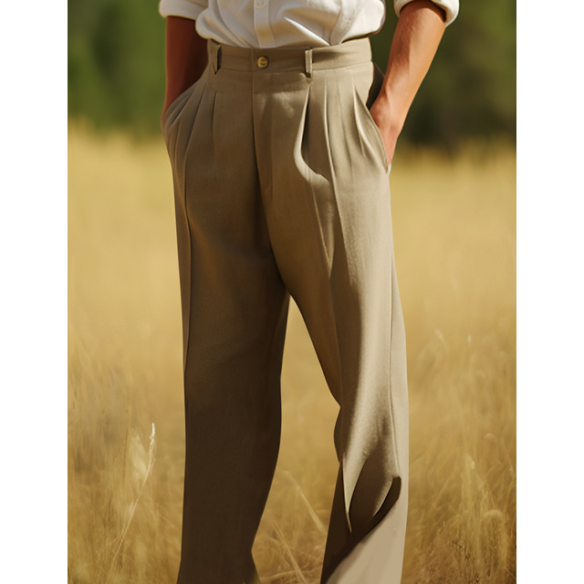  Men's Linen Pants Trousers Summer Pants Beach Pants Front Pocket Pleats Straight Leg Plain Comfort Breathable Casual Daily Holiday Linen / Cotton Blend Fashion Basic Black Khaki