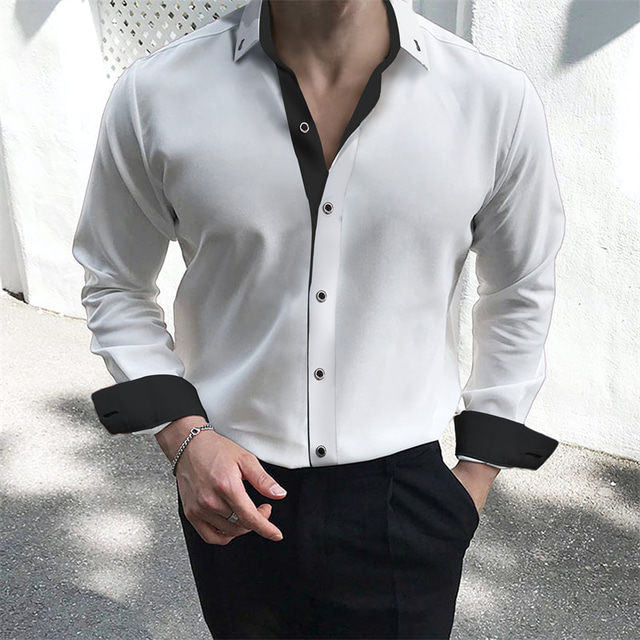  Men's Dress Shirt Button Up Shirt Collared Shirt Black White Red Long Sleeve Plain Collar Summer Spring Wedding Work Clothing Apparel Patchwork