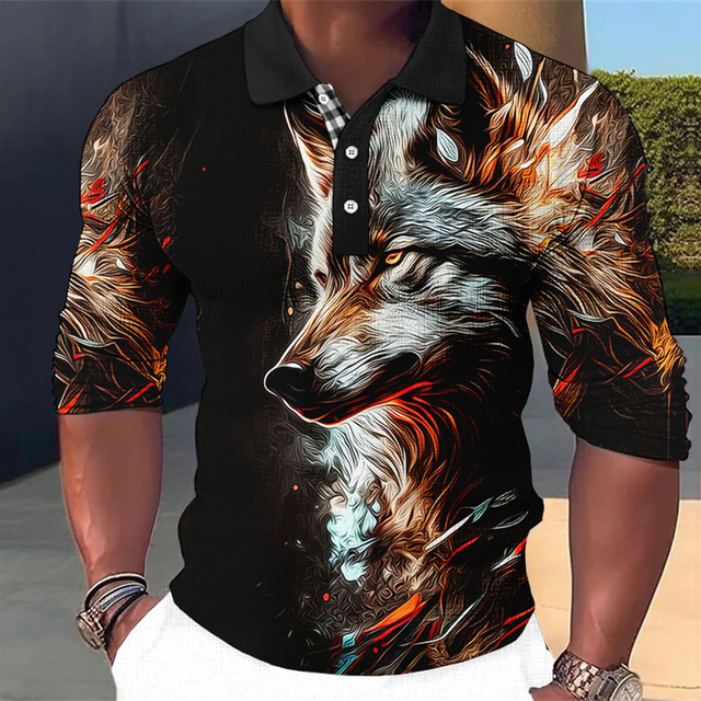  Animal Wolf Men's Abstract 3D Print Golf Polo Outdoor Casual Daily Streetwear Polyester Long Sleeve Turndown Polo Shirts Red Blue Fall & Winter S M L Lapel Polo