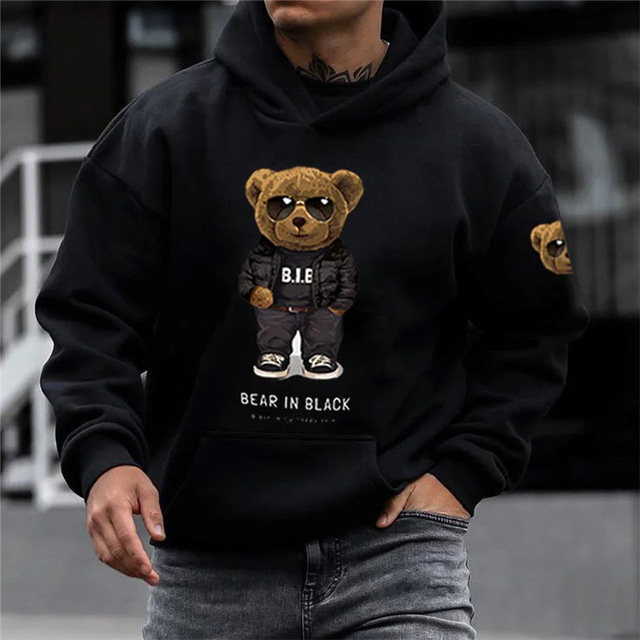  Teddy Bear And Robot Mens Graphic Hoodie Pullover Sweatshirt Black+Brown White Pink Hooded Prints Daily Sports Streetwear Designer Basic Robotic Cotton Black+White