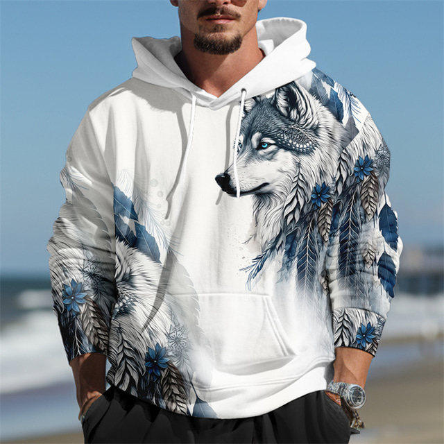  Wolf With Feathers Mens Graphic Hoodie Prints Daily Classic Casual 3D Pullover Holiday Going Out Streetwear Hoodies Blue Dark Green Long Sleeve Hooded White Cotton
