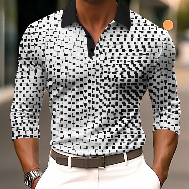  Plaid Geometry Men's Abstract 3D Print Outdoor Casual Daily Streetwear Polyester Long Sleeve Turndown Polo Shirts White Blue Fall & Winter S M L Micro-elastic Lapel Polo