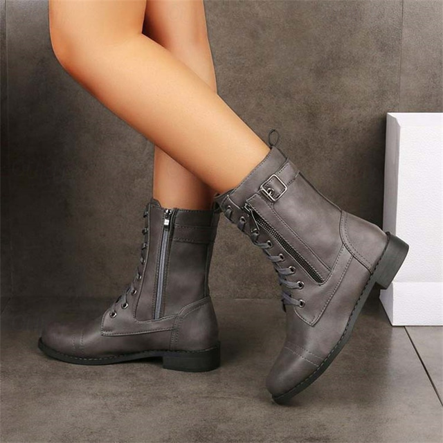  Women's Boots Combat Boots Plus Size Outdoor Daily Solid Color Mid Calf Boots Winter Low Heel Chunky Heel Round Toe Fashion Minimalism Faux Leather Zipper Black Brown Grey