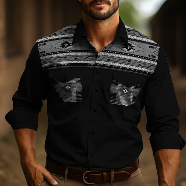  Férfi Törzsi Grafikai nyomatok Régies (Vintage) Ing Nyugati ing Cowboy ing Hosszú ujj Divat Utcai sikk Dizájn Szabadtéri Napi Ősz & tél Térfogatcsökkenés Nyomtatott Sárga Szürke