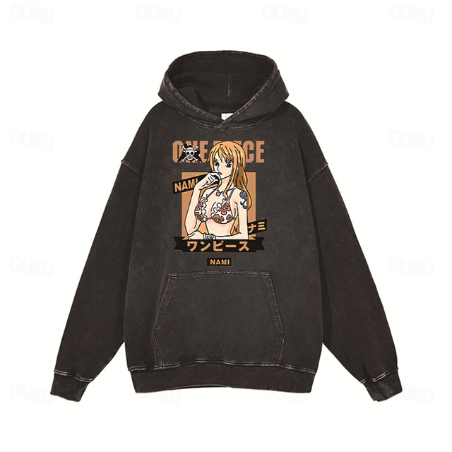  One Piece Monkey D. Luffy Nico Robin Roronoa Zoro Hattetrøje Oversized Acid Washed T-skjorte Trykt mønster Lomme foran Graphic Til Par Herre Dame Voksne Maskerade Varmstempling Fritid / hverdag
