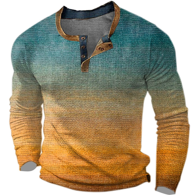  Graphic Gradient Fashion Designer Basic Men's 3D Print Waffle Henley Shirt Casual Style Classic Style Outdoor Daily T shirt Blue Orange Brown Long Sleeve Henley Shirt Spring &  Fall Clothing Apparel