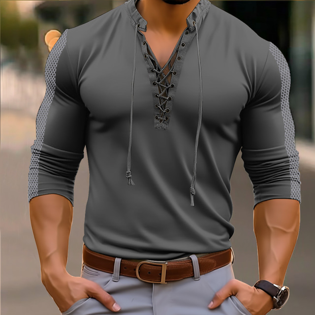  Men's Henley Shirt Tee Top Patchwork Henley Street Vacation Long Sleeve Lace up Clothing Apparel Fashion Designer Basic