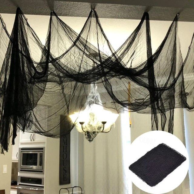  Halloween-Gaze, gruseliges Tuch, schwarzes Netz, Spinnennetz-Dekoration, Halloween-Horror-Hausparty-Dekoration