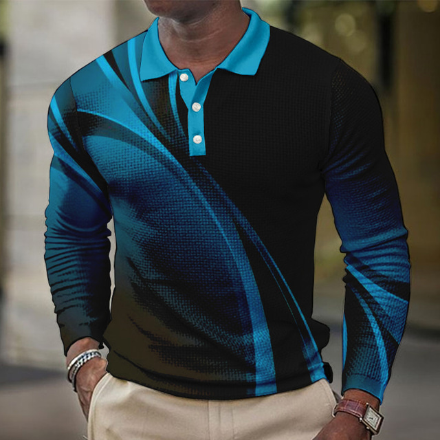  Men's Polo Shirt Golf Shirt Gradient Graphic Prints Geometry Turndown Yellow Light Green Blue Green Gray Outdoor Street Long Sleeve Print Clothing Apparel Fashion Designer Casual Breathable