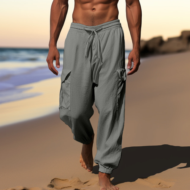  Men's Joggers Linen Pants Trousers Summer Pants Beach Pants Drawstring Elastic Waist Multi Pocket Plain Comfort Breathable Casual Daily Holiday Linen / Cotton Blend Fashion Classic Style Black White