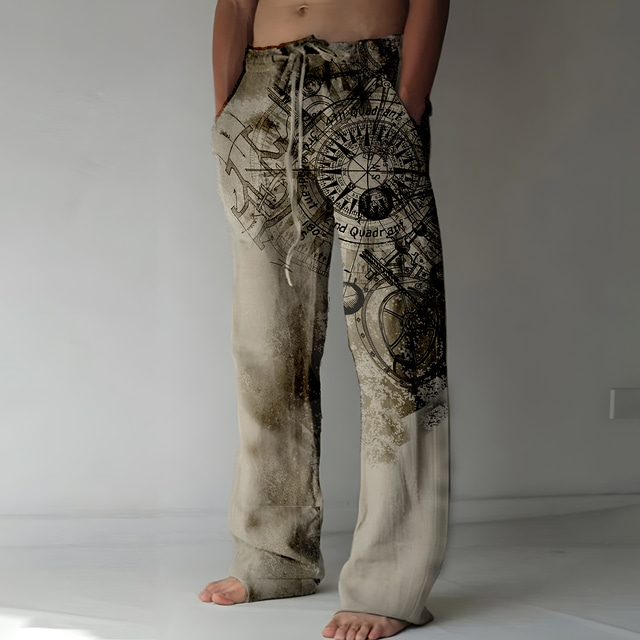  Men's Trousers Summer Pants Beach Pants Drawstring Elastic Waist 3D Print Geometric Pattern Graphic Prints Comfort Casual Daily Holiday Ethnic Style Retro Vintage Green Khaki
