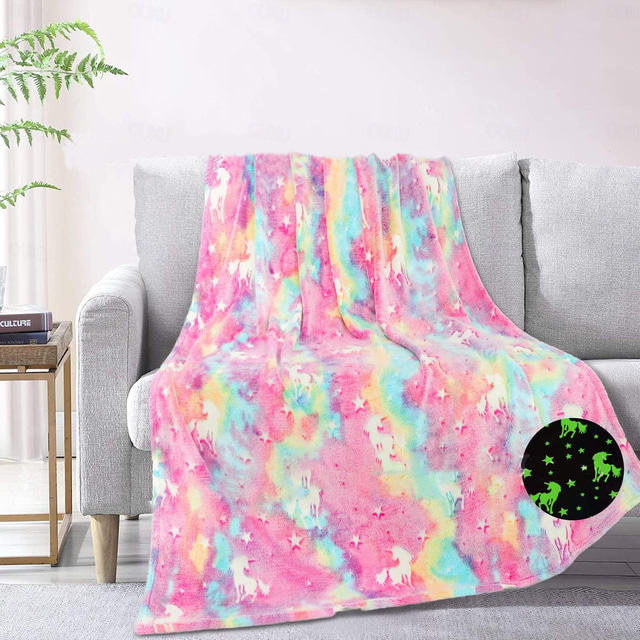  Luminous Unicorn Blanket Kids Birthday Soft Flannel Plush Rainbow Horse Throw, Unicorn Room