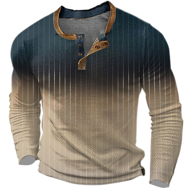 Der Ombre-Pullover für Herren, grafisches Hemd, Farbblock, Modedesigner, Basic, 3D-Druck, Waffelmuster, Henley, lässiger Stil, klassisches Outdoor-Tages-T-Shirt, blau, braun, grün, lang gestreift,