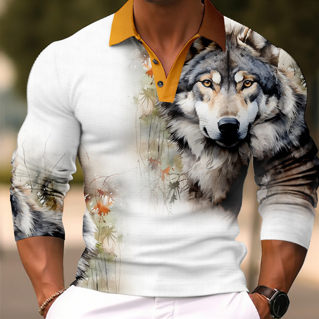  Animal Wolf Men's Casual 3D Print Polo Shirt Golf Polo Outdoor Casual Daily Streetwear Polyester Long Sleeve Lapel Polo Shirts Red Blue Fall & Winter S M L Lapel Polo