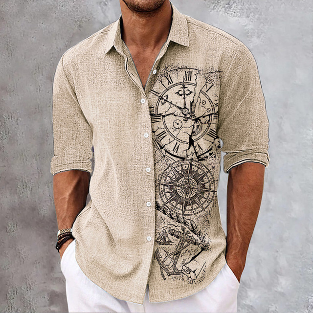  Men's Shirt GraphicClock Compass Turndown Green Khaki Gray Outdoor Street Long Sleeve Print Clothing Apparel Fashion Streetwear Designer Casual