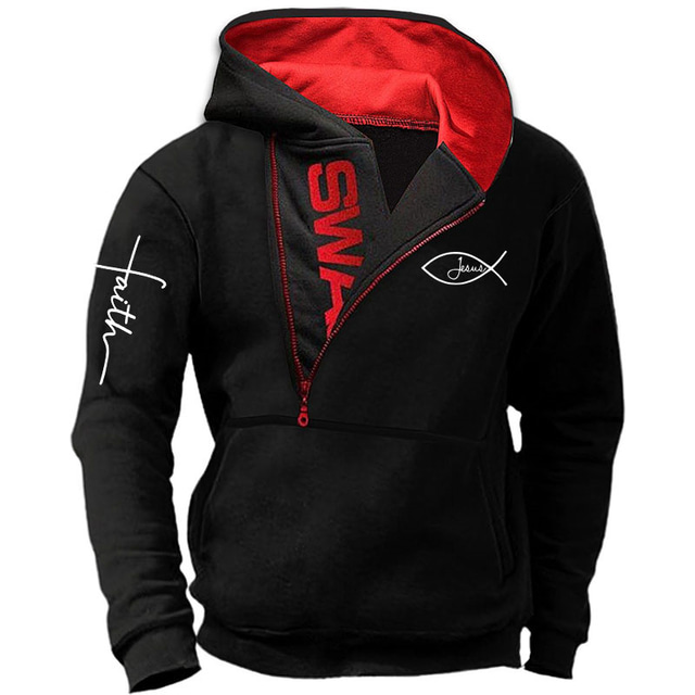  Jesus Fish Hoodie Jesus, Mens Graphic Letter Prints Fashion Daily Casual Zip Vacation Going Out Streetwear Black Red Blue Long Sleeve Hooded Spring & Fall Faith Cotton