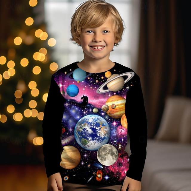  Boys 3D Graphic Galaxy Space T shirt Tee Long Sleeve 3D Print Summer Spring Fall Sports Fashion Streetwear Polyester Kids 3-12 Years Outdoor Casual Daily Regular Fit