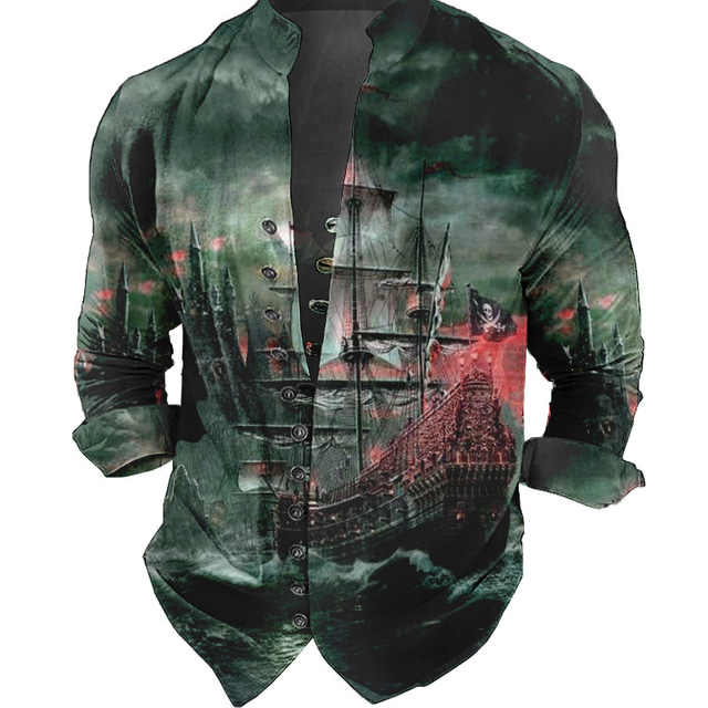 Men's Nautical Vintage Sailboat Shirt Button Up Shirt Long Sleeve Fashion Streetwear Designer Outdoor Casual Daily Summer Spring Fall Stand Collar Print Yellow Red Blue Green Gray