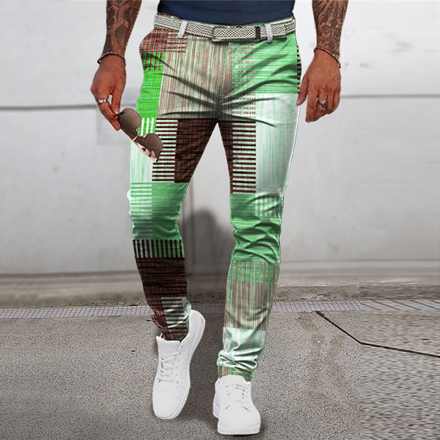  Plaid Geometry Business Men's 3D Print Pants Trousers Outdoor Street Wear to work Polyester Blue Green Khaki S M L Mid Waist Elasticity Pants