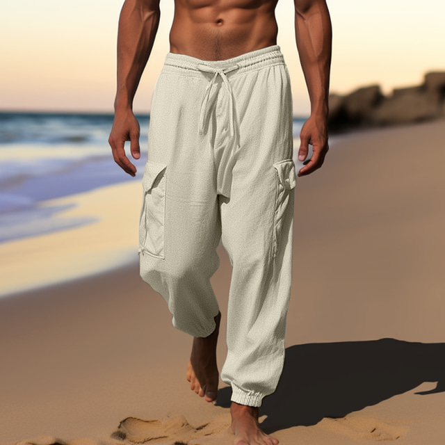  Men's Joggers Linen Pants Trousers Summer Pants Beach Pants Drawstring Elastic Waist Multi Pocket Plain Comfort Breathable Casual Daily Holiday Fashion Classic Style Black White