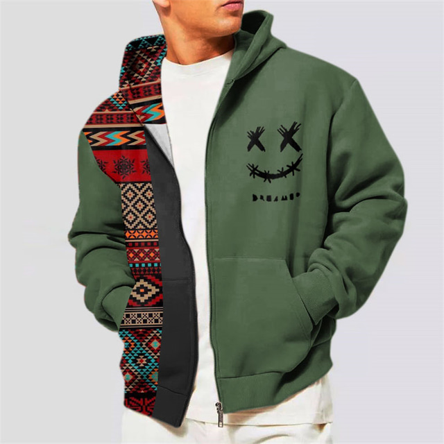  Smile Face Hoodie Mens Graphic Color Block Tribal Prints Ethnic Classic Casual 3D Zip Jacket Outerwear Holiday Vacation Streetwear Hoodies Black Native American Beige Cotton