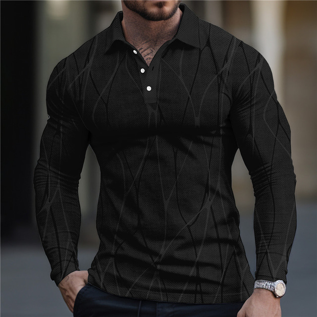  Line Men's Business 3D Print Golf Polo Outdoor Casual Daily Streetwear Polyester Long Sleeve Turndown Polo Shirts Black White Fall & Winter S M L Micro-elastic Lapel Polo
