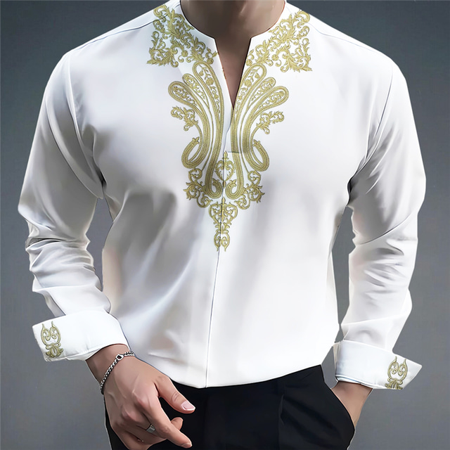 Men's Shirt Floral Graphic Prints V Neck White Khaki Outdoor Street Long Sleeve Print Clothing Apparel Fashion Streetwear Designer Casual