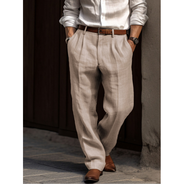  Men's Linen Pants Trousers Summer Pants Pleated Pants Front Pocket Straight Leg Plain Comfort Breathable Casual Daily Holiday Fashion Basic Black White