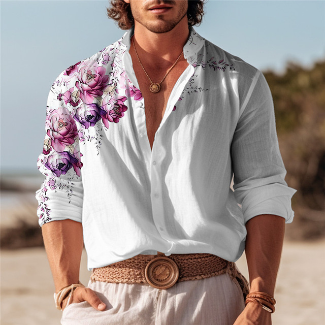  Camisa masculina floral gráfico suporte colarinho roxo cinza ao ar livre rua manga longa impressão roupas vestuário moda streetwear designer casual