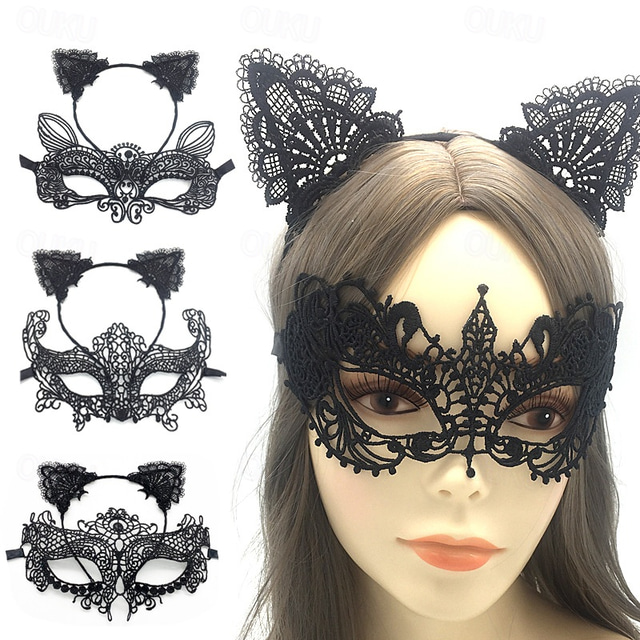  Lace Masquerade Mask for Women, Black Masquerade Mask for Women Cat Mask Cat Ear Headband with Heart Chokerl