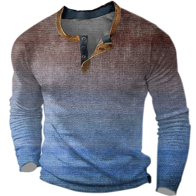  Voor heren Grafisch Verloop Wafel Henley-shirt Informele stijl Klassieke Stijl  Lange mouw T-shirt 3D-afdrukken Henley Overhemd Modieus Ontwerper Basic Buiten Dagelijks blauw Oranje Bruin Lente