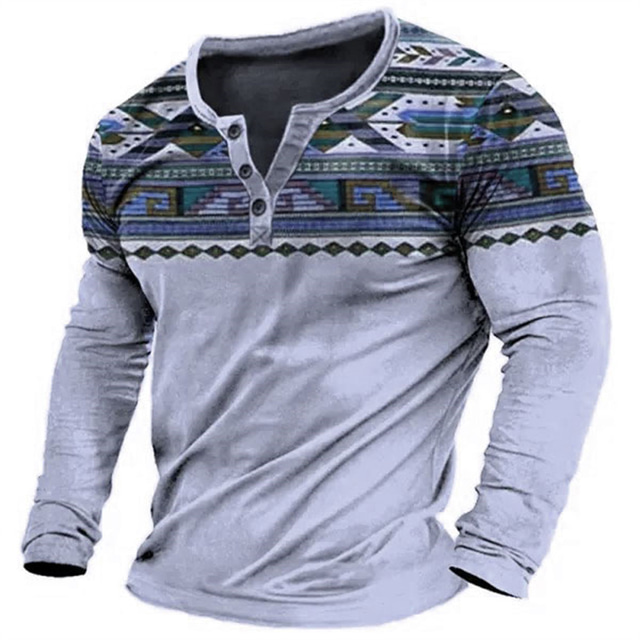  Men's Graphic Tribal Henley Shirt Long Sleeve 3D Print Fashion Designer Comfortable Outdoor Daily Spring &  Fall Blue Brown Green Gray Henley Henley T-Shirt