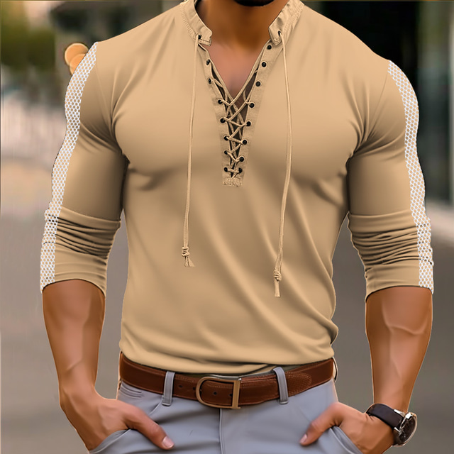  Men's Henley Shirt Tee Top Long Sleeve Henley Summer Patchwork Fashion Designer Basic Lace up Vacation Street Going out White Green Khaki Top Tee for Men