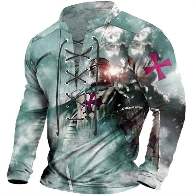  Knights Of Malta Mens Graphic Shirt Templar Prints Fashion Designer Casual Henley Tee Outdoor Daily Wear Vacation Light Green Burgundy Blue Cross Lace Up Pink Cotton
