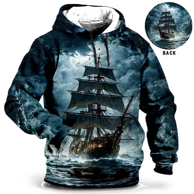  Halloween Sailboat In The Ocean Mens Graphic Hoodie Ship Prints Daily Classic Casual 3D Pullover Holiday Going Out Streetwear Hoodies Blue Green Drak Red Long Sleeve Hooded Pirate Birthday Brown Cotto