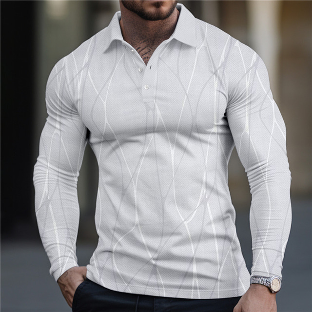  Men's Line Golf Polo Long Sleeve Polo Shirts Turndown Business Outdoor Casual Daily Streetwear 3D Print Black White Navy Blue