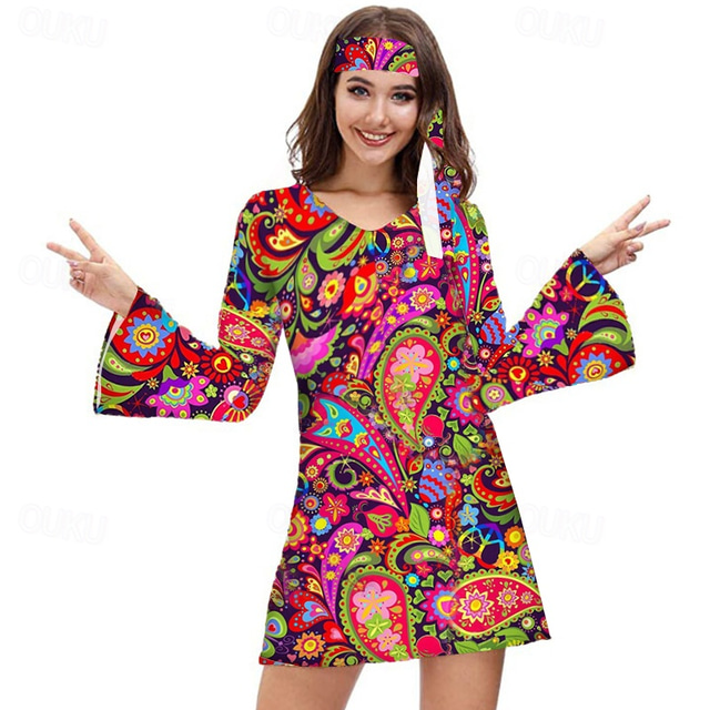  Retro Vintage Hippie 1970s Dress Headband Flare Cuff Sleeve Hippie 3D Women's Halloween Carnival Masquerade Vacation Dailywear Music Festival Adults' Dress Spring & Summer