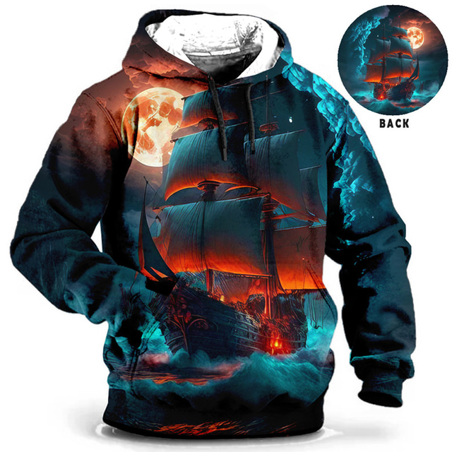  Halloween The Pirate Ship Mens Graphic Hoodie Prints Daily Classic Casual 3D Pullover Holiday Going Out Streetwear Hoodies Blue Brown Green Long Sleeve Hooded Spring Black Cotton