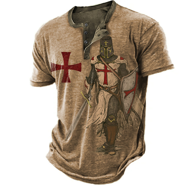  Knights Templar Graphic Prints Fashion Basic Casual Men's Henley Shirt Graphic Tee Outdoor Daily Going out T shirt Blue Sky Blue Brown Short Sleeve Henley Shirt Spring & Summer Clothing Apparel S M L