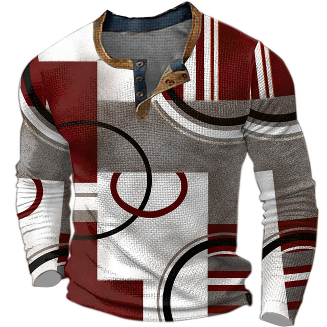  Graphic Color Block Geometic Fashion Designer Basic Men's 3D Print Waffle Henley Shirt Casual Style Classic Style Outdoor Daily T shirt Red Blue Brown Long Sleeve Henley Shirt Spring &  Fall Clothing