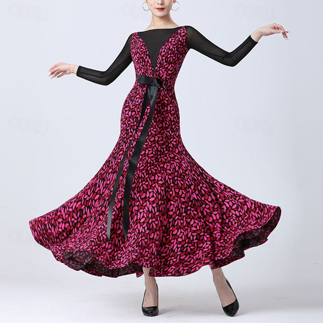  Ballroom Dance Dress Printing Splicing Women's Performance Party Long Sleeve Crystal Cotton Mesh