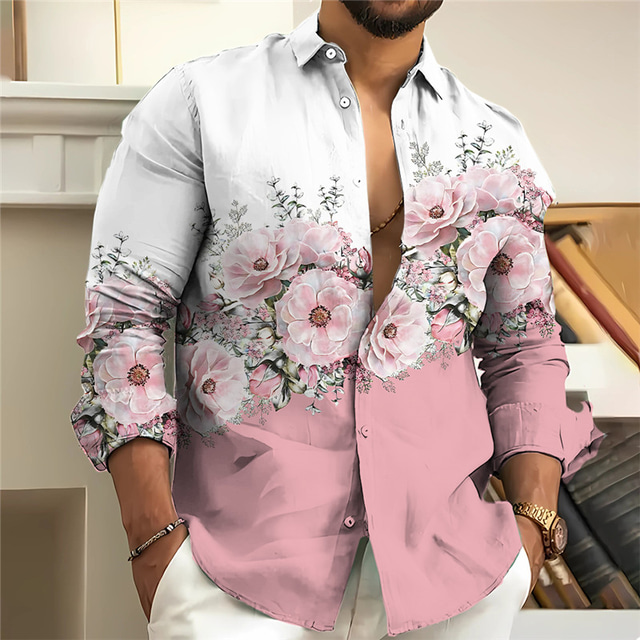  Men's Shirt Floral Graphic Prints Stand Collar Yellow Pink Blue Purple Gray Outdoor Street Long Sleeve Print Clothing Apparel Fashion Streetwear Designer Casual