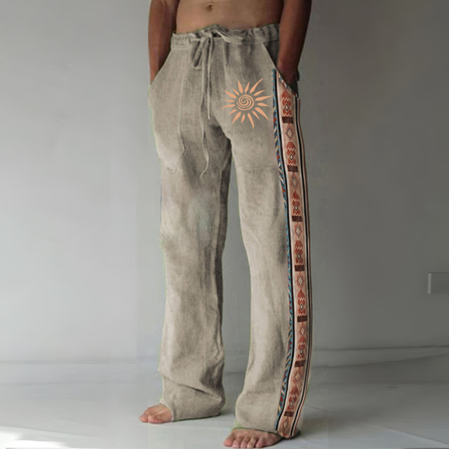  Hombre Pantalones de lino Pantalones Pantalones de verano Pantalones de playa Correa Cintura elástica Impresión 3D Diseño Geométrico Estampados Comodidad Casual Diario Festivos 20% lino Vintage