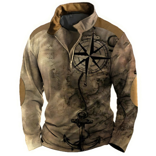  Mens Graphic Hoodie Prints Compass Daily Classic Casual 3D Sweatshirt Zip Pullover Holiday Going Out Streetwear Sweatshirts Blue Brown Gray And Anchor Outdoor Grey Cotton