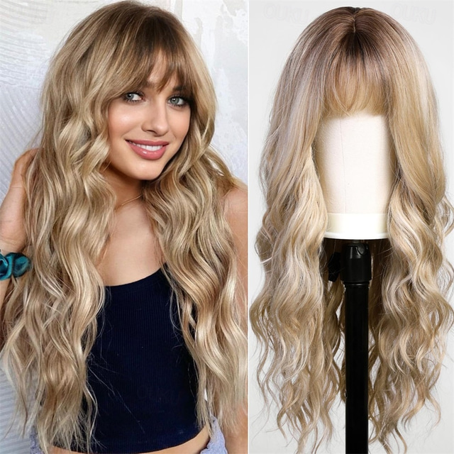  peruca loira suja ombre com franja peruca loira longa ondulada para mulheres peruca de cabelo sintético longo encaracolado para festa uso diário 24in